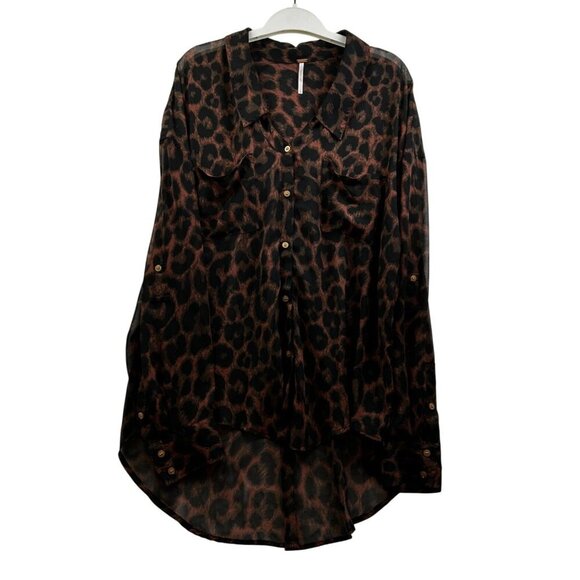 FREE PEOPLE Sheer Leopard Animal Print Button-Up High-Low Long Sleeve Blouse L - Picture 6 of 8